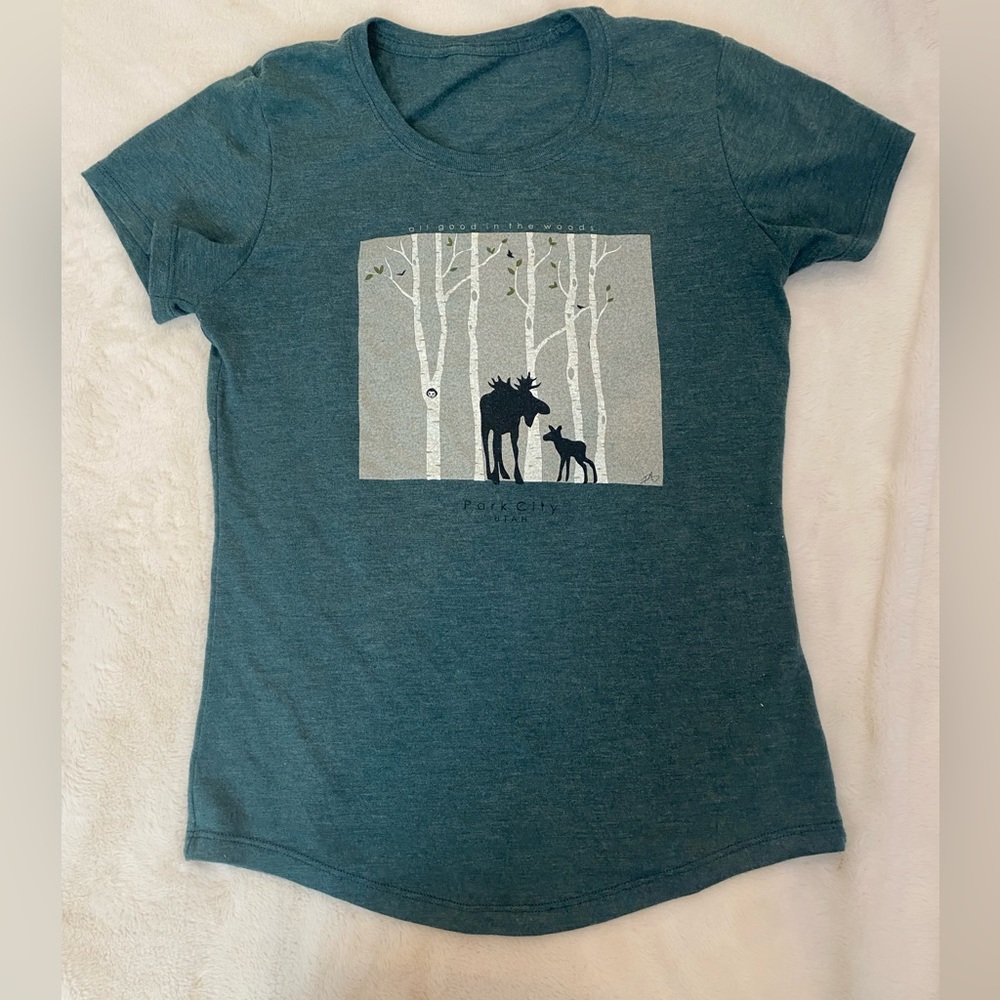 A green t-shirt with animals and trees on the front.